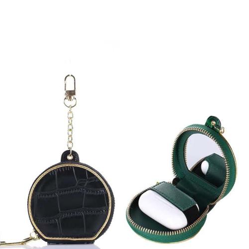 Custom Embossed Crocodile Pattern Leather Luxury Purse Mirror Pocket Case For Airpods Pro Easy Carrying Round Headset Bag