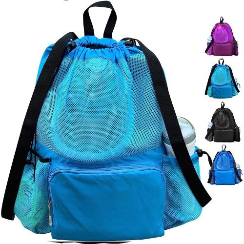 Large Capacity Swimming Accessories Mesh Bag Drawstring Swim Gym Backpack with Separated Waterproof Dry Compartments