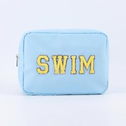 Keymay Wholesale  Embroidered Letter Patches Makeup Cosmetic Organizer Travel Nylon Zipper Waterproof Girls Custom Cosmetic Bag