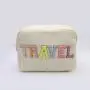 Keymay Stock Chenille Patches Toiletry Pouch Makeup Organizer Cosmetic Bag Cases Custom Premade Letters on Designer Makeup Bag