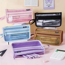 Gelory Eco Friendly Simple Mesh Pencil Case Double-Layer Transparent Storage Makeup Bag With Handle And Zipper