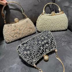 2024 Metal Handle Peal Beaded Women Clutch Evening Bag Pearl Shining Diamond Rectangle Hand Bag Ladies Wedding Handbag Purse