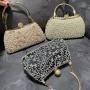 2024 Metal Handle Peal Beaded Women Clutch Evening Bag Pearl Shining Diamond Rectangle Hand Bag Ladies Wedding Handbag Purse