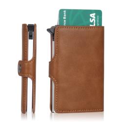 Factory wholesale leather pop up wallet rfid metal card holder aluminum metal wallet