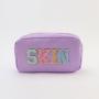 Keymay No MOQ Personalized Cute Beauty Toiletry Bag Nylon Travel Makeup Pouch Chenille Patches Letter Cosmetic Bag