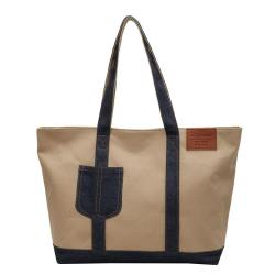 HR721 Women's Tote Bag Contrast Patchwork Canvas Pocket Fashion Underarm Bag Comfortable Shoulder Girl Vacation Shopping Bag