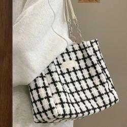 Bolsos New Fashion Ladies Tote Bag Pearl Chain Large Capacity Handbag Canvas Zipper Single Shoulder  Bag