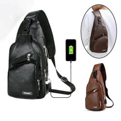 New men's USB charging anti-theft chest bag leisure retro pu leather shoulder bag men's outdoor cycling sports crossbody bag