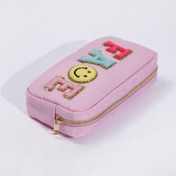 Keymay Factory Wholesale DIY Personalized Chenille Letter Patches Toiletry Bag Organizer Pouch Pink Nylon Cosmetic Travel Bag