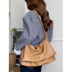 New autumn and winter soft leather drawstring pleated bag versatile solid color shoulder bag with large capacity underarm bag