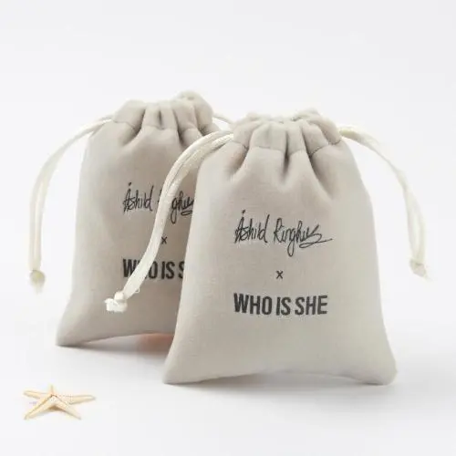 Recyclable Screen Printing Velvet Jewelry Drawstring Bag Beige Velvet Gift Pouch