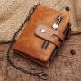 Hot Sale Cowhide Mini Genuine Leather Trifold Wallets For Men RFID Blocking Luxury Custom Zipper Mens Slim Wallet With Chain