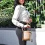 2024 Bag Ladies Luxury Flax Raffia With Leather Women Bucket Straw Bag Tote Handbags Drawstring Bucket Bag
