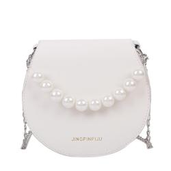 HR351 New Fashion Chain Pearl Handheld Shoulder Bag Simple Crossbody Saddle Bag PU Leather Magnetic Button Oval Bag For Women