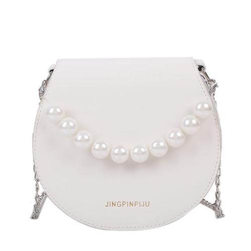 HR351 New Fashion Chain Pearl Handheld Shoulder Bag Simple Crossbody Saddle Bag PU Leather Magnetic Button Oval Bag For Women
