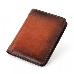 NEW Man Casual Short Trifold Wallet Vintage Slim cow leather wallet for men credit card holder multi-function wallet with zipper