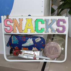 Keymay 2022 New Designer SNACKS Letters on Patches Diy Embroidery Nylon Bag Travel Toiletry Pouch Pvc Bag Clear Cosmetic Bag