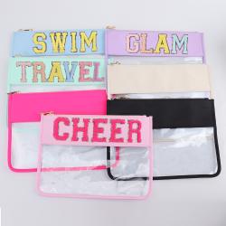 Keymay 19 Colors RTS Stock High Quality Bright Colors Personalized Letter Pvc Clear Pouch Makeup Pouch Bag Flat Cosmetic Bag