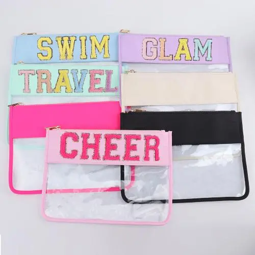 Keymay 19 Colors RTS Stock High Quality Bright Colors Personalized Letter Pvc Clear Pouch Makeup Pouch Bag Flat Cosmetic Bag