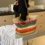 2024 Rainbow Colorful Stripe Straw Bag Summer Beach Eco Friendly Handmade Woven Raffia Tote Bag Designer Wallet Bags