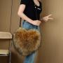 Trendy imitation fur peach heart plush bag leather strap shoulder heart shaped crossbody bag handbags