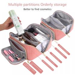 Customized Large Travel-Friendly Leather Cosmetic Bag with Strap Portable Waterproof Anti-Dust Opens Flat for Women Makeup Case