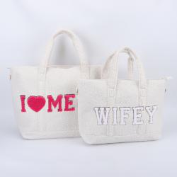 Keymay Multi-color Chenille Letter Patches Honeymoon Mrs Bride Gift Wedding Bag Everyday Tote Travel Bag Teddy Sherpa Tote Bag