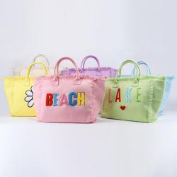 Custom Logo Large Capacity Reusable Handbag Strong Eco-friendly Cotton Canvas Fringe Beach Shopping Embroidery Tote Bag