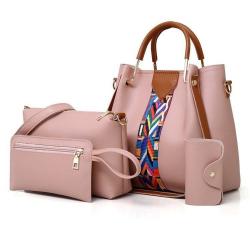 Fac Price Ladies Small Handbags Fashion Weaving Technique 4 Pieces Set-PU Lining Zipper Closure Casual Bucket Square Colorful