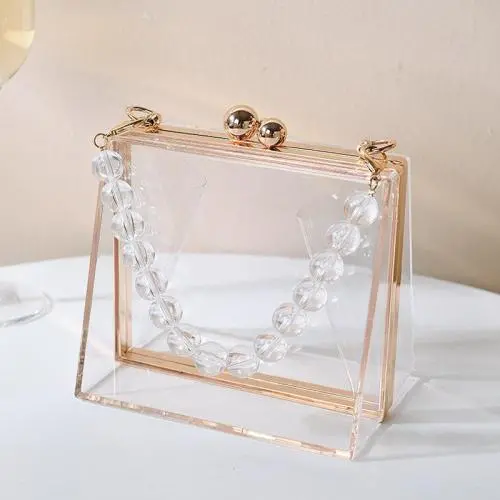 Fashion Acrylic Handbag Display Box Clear Purse Transparent Chain Evening Resin Clutch Cute Canvas Lady Bag Polyester Shell 400g