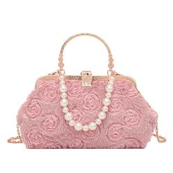 HR667 Women New Designed Dinner Clutch Handbag Fashion Rose Plush Embroidered Pearl Chain Shell Bag Ladies Luxury Party Bag