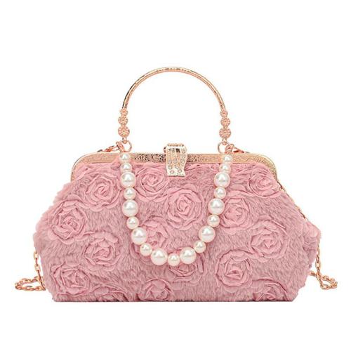 HR667 Women New Designed Dinner Clutch Handbag Fashion Rose Plush Embroidered Pearl Chain Shell Bag Ladies Luxury Party Bag