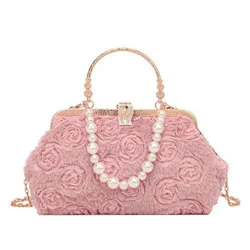 HR667 Women New Designed Dinner Clutch Handbag Fashion Rose Plush Embroidered Pearl Chain Shell Bag Ladies Luxury Party Bag