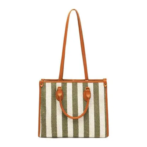 2024 Custom Stripe Canvas PU Tote Bags For Women Ladies Hand Bag Set With Pouch