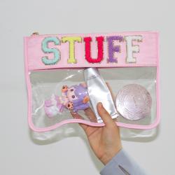 Keymay 2022 New Designer SNACKS Letters on Patches Diy Embroidery Nylon Bag Travel Toiletry Pouch Pvc Bag Clear Cosmetic Bag