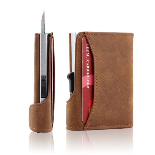Custom Pop Up Aluminum Metal Case Wallet RFID Business Leather Card Holder Men Wallet