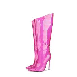 2021 Fashion Design Autumn Stiletto Heels Colorful Patent Leather Rivet Women Boots Side Zipper Thin High Heel Knee High Boots
