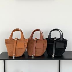 Autumn Retro Spliced Leather Basket Bag External Leather Buckle Suede Leather Handbag