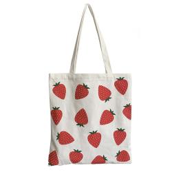 2024 New Strawberry Printed Reusable Canvas Bag Cartoon-Patterned Shoulder Bag Large Capacity Shopping Tote Bag