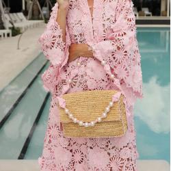 2023 New Arrival Summer Beach Straw Ladies Shoulder Bags With Pearl Chain Pink Fashion Custom Logo Womens Shoulder Bags