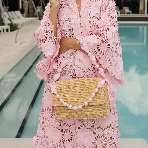 2023 New Arrival Summer Beach Straw Ladies Shoulder Bags With Pearl Chain Pink Fashion Custom Logo Womens Shoulder Bags