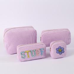 Keymay Hot Sale RTS Stock DIY Personalized Chenille Letter Patches Large Pink Travel Organizer Makeup Bag Corduroy Cosmetic Bag