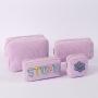 Keymay Hot Sale RTS Stock DIY Personalized Chenille Letter Patches Large Pink Travel Organizer Makeup Bag Corduroy Cosmetic Bag