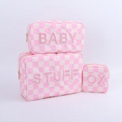Keymay Stock No MOQ Pink Checkered STUFF Embroidery Large Cosmetic Bags Organizer Waterproof Travel Toiletry Bag for Women