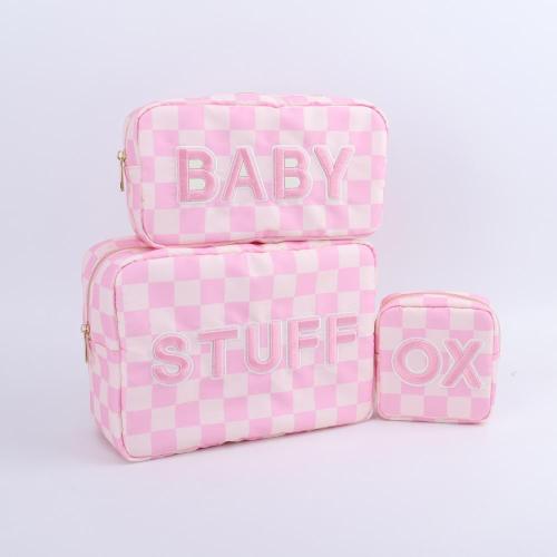 Keymay Stock No MOQ Pink Checkered STUFF Embroidery Large Cosmetic Bags Organizer Waterproof Travel Toiletry Bag for Women