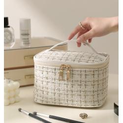 Multifunctional Fashion Plaid Tweed Makeup Bag Portable Large Capacity Ladies Toiletries Storage Cosmetic Bag