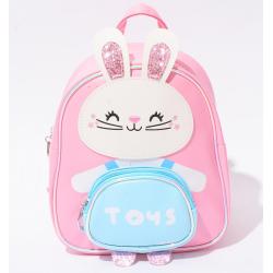 Keymay Custom Cute Rabbit Pink Leather Girls School Bag with Front Pockets Inner Compartments Lightweight kids backpack