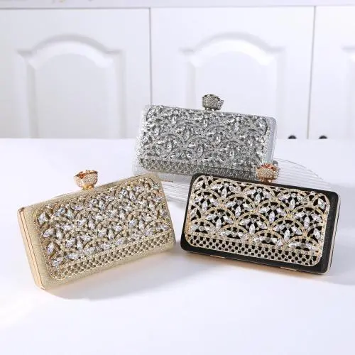 Hot Selling New Design Woman Silver Gold Diamond Evening Bag Flower Crystal Birthday Party Handbag Wedding Bridal Floral Purse