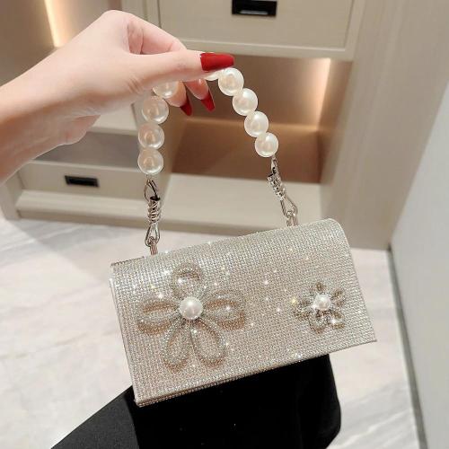 New Evening Bag Sparkling Diamond Bow Small Square Crossbody Bag Pearl String Handbag Dress Clutch Bag