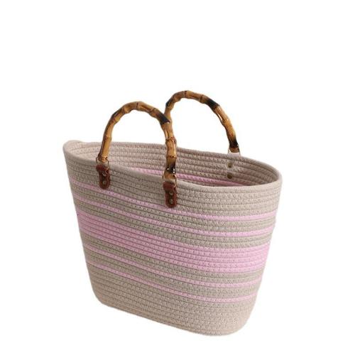 Striped Large Capacity Cotton Woven New Bamboo French Retro Straw Portable Beach Women'S Bag